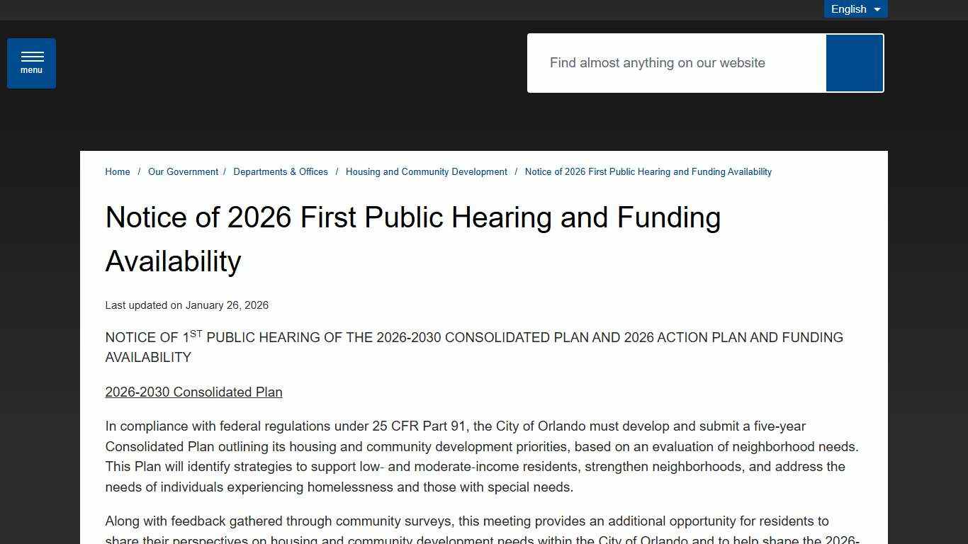 Notice of 2026 First Public Hearing and Funding Availability - City of Orlando